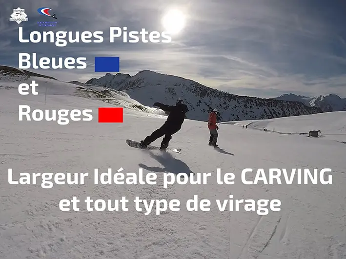 Cours de snowboard pour débutants, intermédiaires ou avancés sur les pistes bleues et rouges de Saint Lary. Carving ou virages en snowboard.