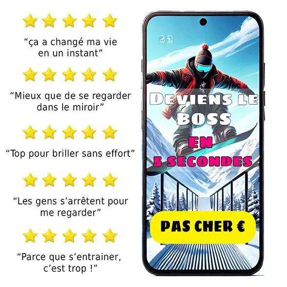 Application mobile promettant de devenir expert en snowboard sans effort et en quelques heures, pour un prix abordable, avec des résultats garantis.